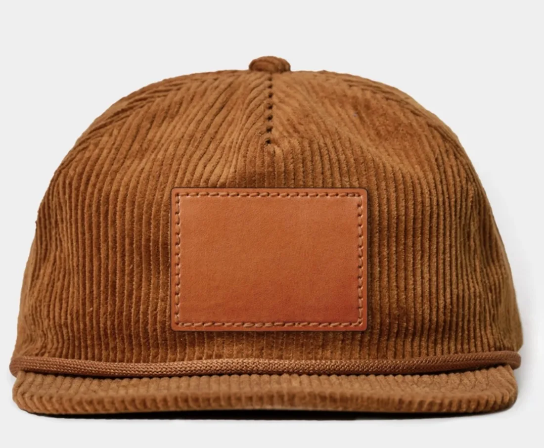 Hash Snob quarter-brim camel corduroy cap with debossed leather patch