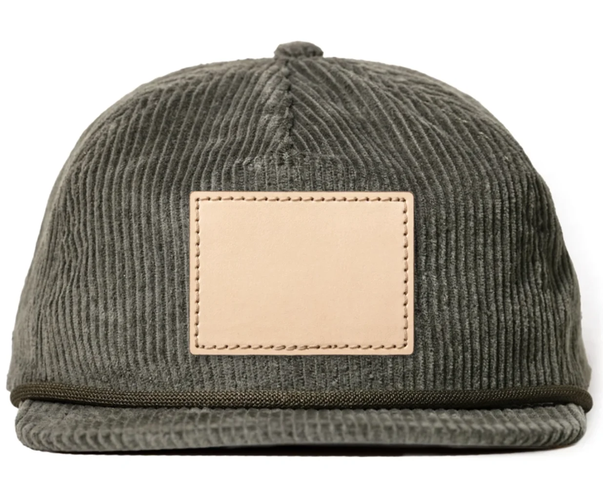 Hash Snob quarter-brim olive corduroy cap with debossed leather patch
